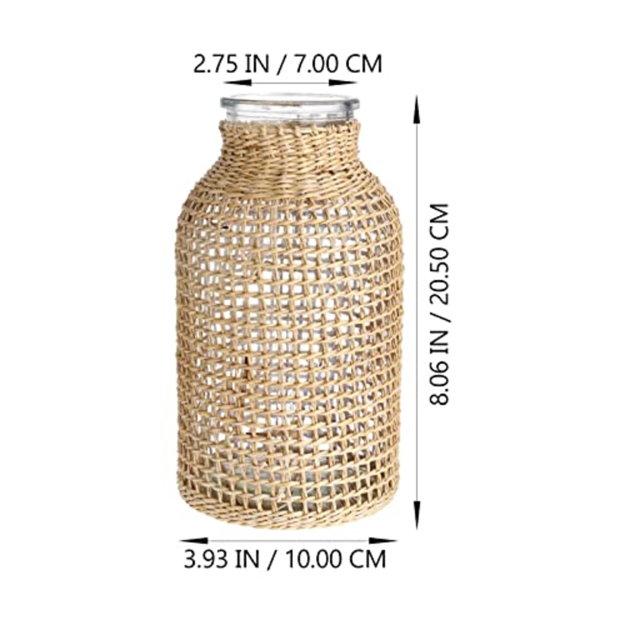 Boho Glass Flower Vase with Rattan Cover, Farmhouse Flower Bud Vase, Round Decorative Flower Vase Floral Container Flower Bottle for Floral Arrangements Housewarming Party Home Decor (L)
